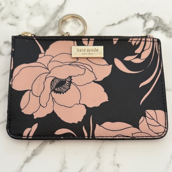 kate spade Handbags - Kate Spade Black & Tan Floral Keychain Cardholder Zip Top Wallet